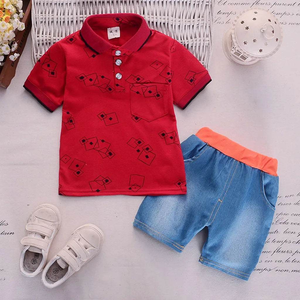 Комплект одежды для малышей; Детская летняя одежда для мальчиков; рубашка джентльмена с геометрическим рисунком; джинсовые шорты с принтом; комплект из 2 предметов; Прямая поставка