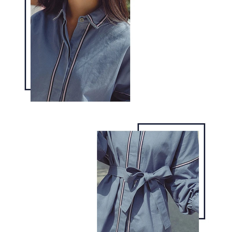 Женское платье рубашка средней длины в Корейском стиле с поясом и длинными