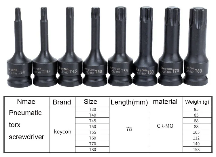 1/" Набор торцевых головок CR-MO Torx Head T30 T40 T45 T50 T55 T60 T70 T80 T100 для ручных пневматических гаечных ключей