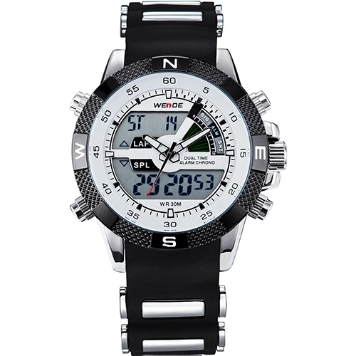 Silicone White Dial WEIDE Часы Мужчины LCD Аналоговые Цифровые Часы Спорт Задняя Подсветка Будильник Оригинальныые ПУ Ремешок Секундомер Автоматическая дата Секунда Месяц Дата Неделя Кварцевый Водонепроницаемые Наручные Мужские Часы - Цвет: Silicone White Dial