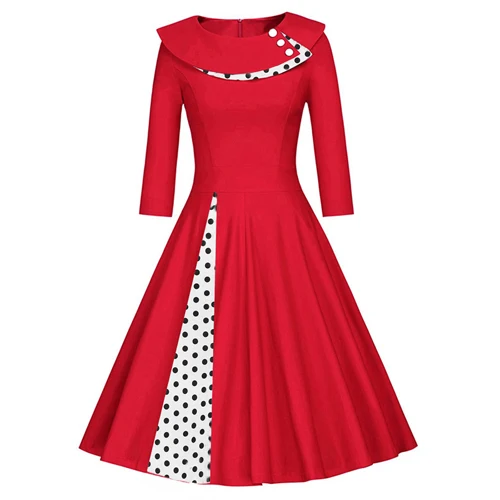 Красный OTEN женские винтажные Ретро 50s 60s с длинным рукавом рокабилли pin up двухслойные в горошек с принтом Одри Хепберн vestido миди платья - Цвет: Красный
