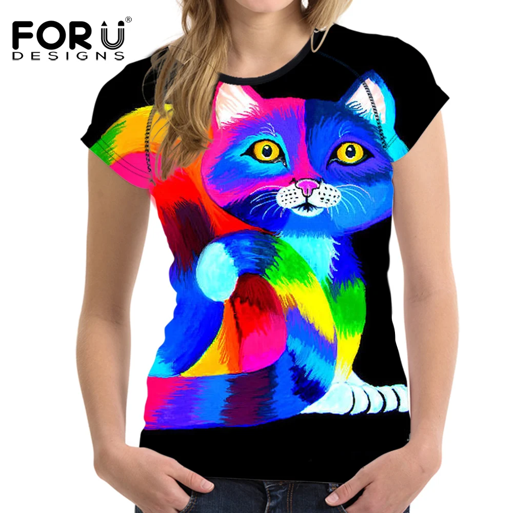 FORUDESIGNS/брендовая одежда женская футболка с 3D рисунком кота 2018 летние женские