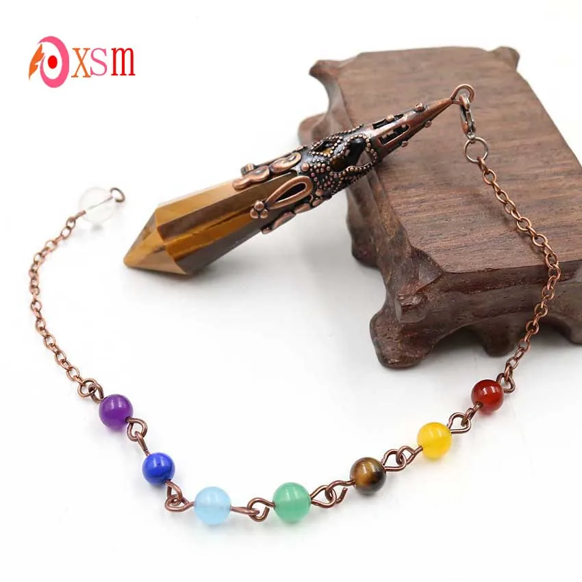 Tiger Eye Stone XSM 12 граненая подвеска Маятник 7 Рэйки, лечение чакры натуральная Пирамида кристаллы аметиста камень гипноз гадания ювелирные изделия - Окраска металла: Tiger Eye Stone