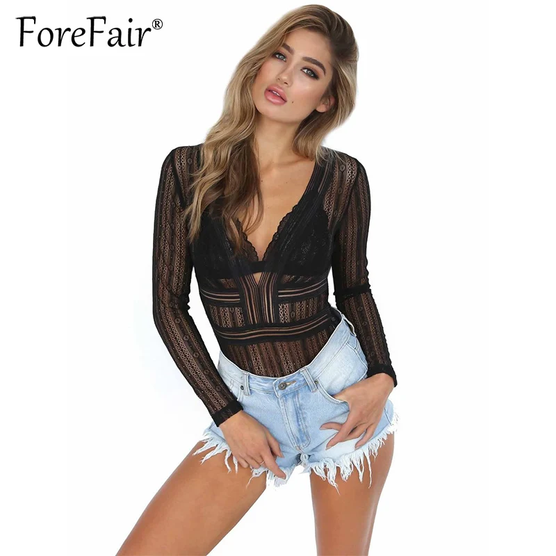 Женское Прозрачное Кружевное боди Forefair комбинезон с длинным рукавом и глубоким v