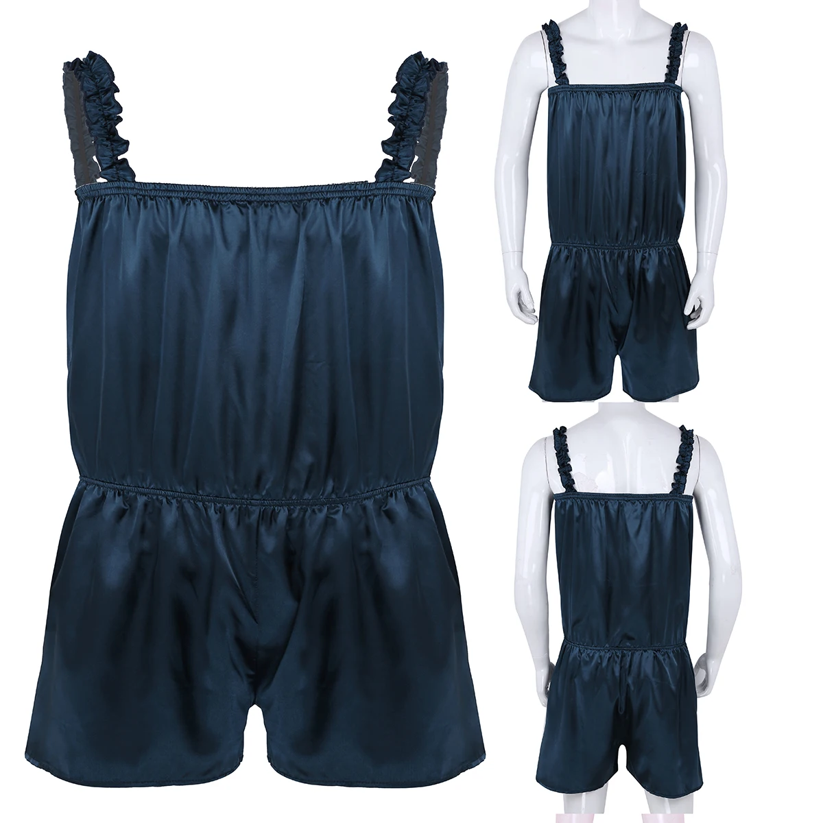 Navy Blue Мужское нижнее белье SISSY боди с эластичными лямками на плечах мягкое блестящее атласное платье с оборками брюки Ночное белье для девочек пижамы для косплея - Цвет: Navy Blue