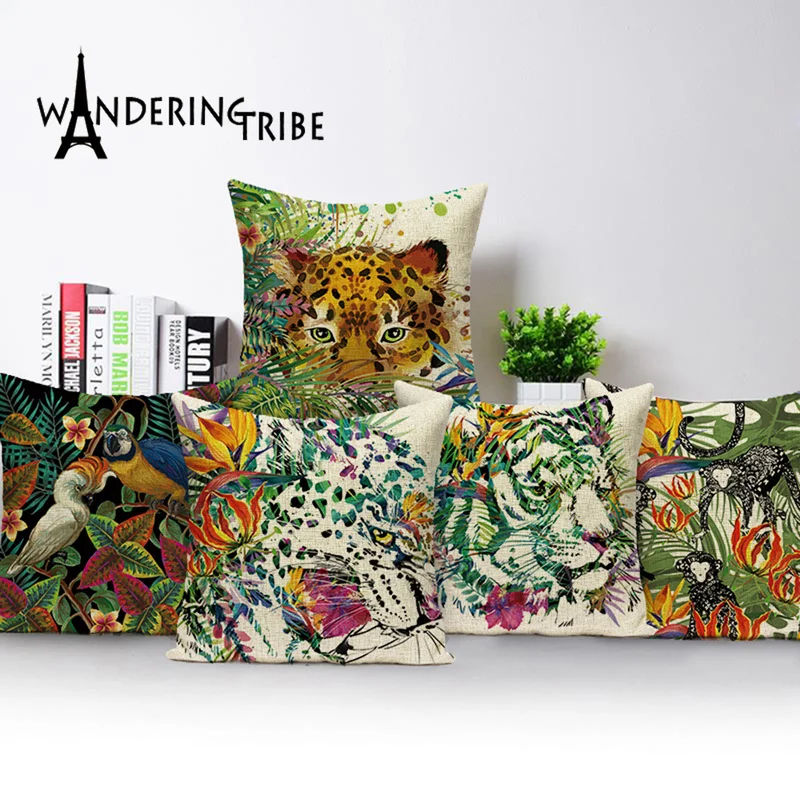 

Cartoon Animal Cushion Cover Tiger Living Room Cushions Vintage Decorative Pillowcase Shabby Chic Flax Pillow Cover 45*45 Kissen