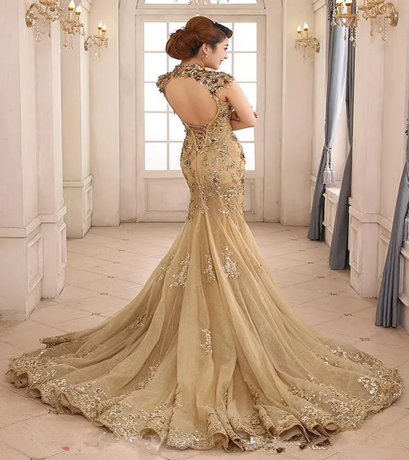 2016 Пром Платья Вечера Партии Высокая Шея Русалка С Capped Рукавом Платье Спинки