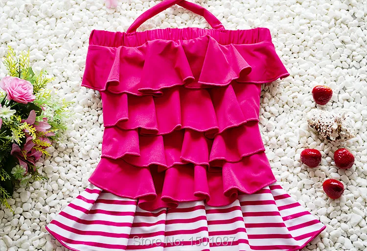 Детский купальный костюм в розовую и красную полоску качественный для девочек