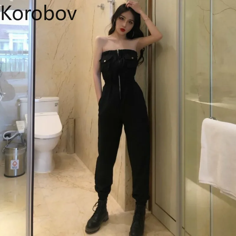 Женский комбинезон с высокой талией Korobov черный облегающий топ труба открытыми