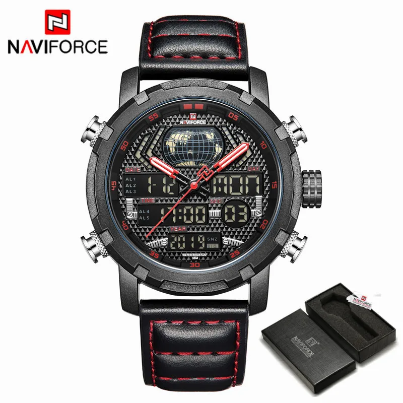 Black Red -Box NAVIFORCE Лидирующий бренд часы для мужчин модные светодиодный цифровой Кварцевые спортивные часы для мужчин кожа водонепроница - Цвет: Black Red -Box