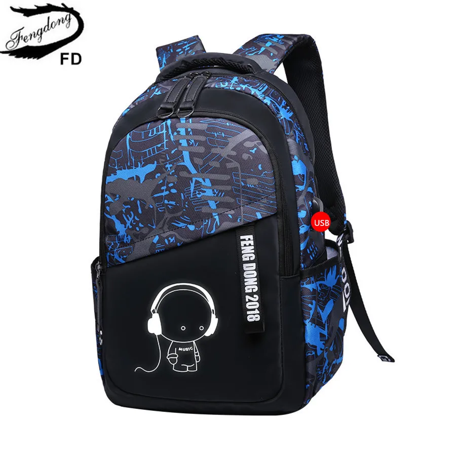 Blue Camouflage FengDong, Детский Большой Водонепроницаемый Школьный рюкзак, школьные сумки для мальчиков, рюкзак, школьные сумки для подростков, мужской рюкзак для ноутбука, школьный рюкзак - Цвет: Blue Camouflage