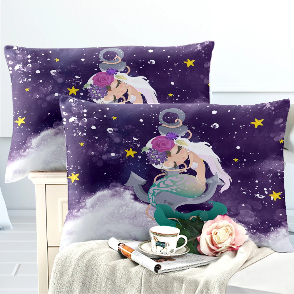 

Sleeping Mermaid Bedding Set Girls Cartoon Duvet Cover Set Purple Blue Wave Print Bed Cover Princess Bedclothes Home Textile D35