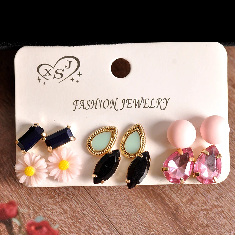 Fashion women's jewelry wholesale girls birthday party earrings beautiful pink green black 6 pair /set free shipping | Украшения и