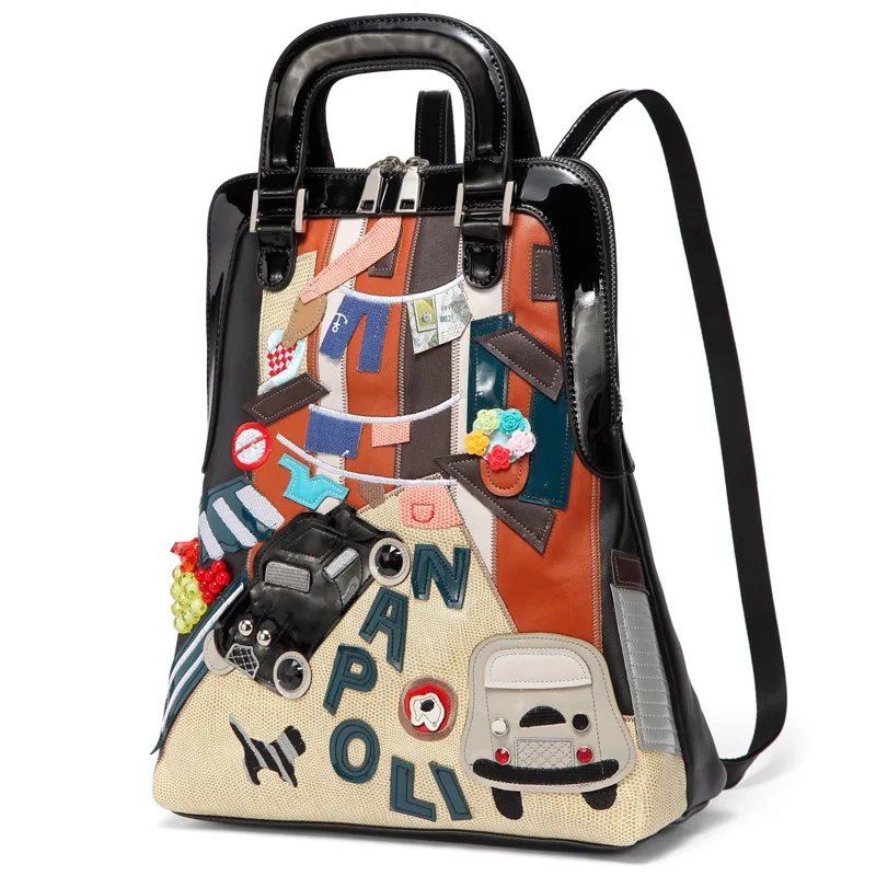 QIAN YI YUAN Brand package Fashion Backpacks PU Softback Women Patchwork Double shoulder Embroidery Famous The designer's bag | Багаж и