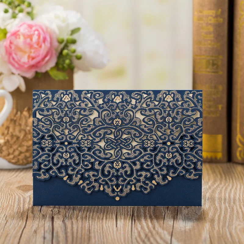 

50pcs Blue Laser Cut Luxury Flora Wedding Invitation Card Elegant Lace Favor Customize Envelopes Birthday Wedding Party Supplies