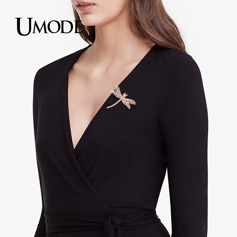 Женская брошь в форме стрекозы UMODE из розового золота с крупными фианитами и