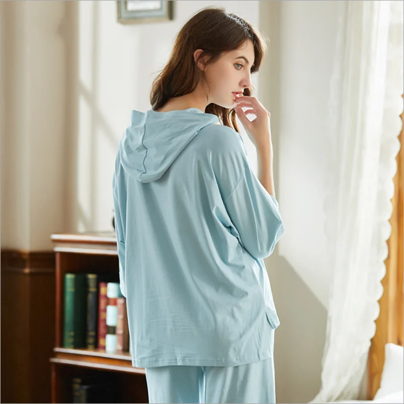 2019 Summer Female Casual pajama sets Women Half sleeve Hooded Collar t Shirt + Calf-Leng Pants Ladies 100%Cotton sleepwear suit | Женская