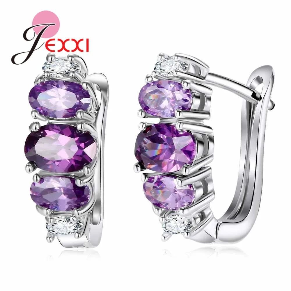 Серьги-кольца из чистого 925 пробы серебра с фиолетовым кубическим цирконием