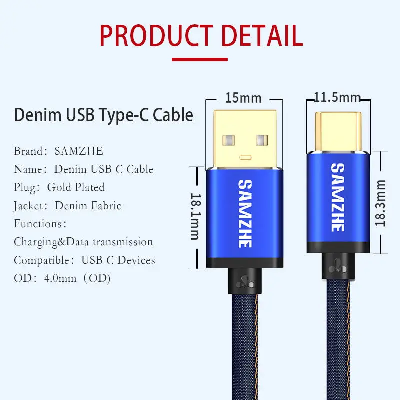SAMZHE USB 2 0 кабель Type C джинсовая ткань 5V 2A для быстрой зарядки джинсовый плетеный
