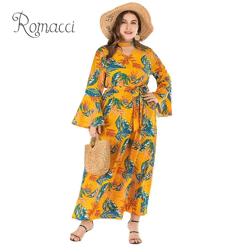 Women Plus Size Long Dress Leopard Leaves Print Choker V Neck Fall 2019 Flare Sleeve Slim Elegant Maxi Brown/Yellow | Женская одежда