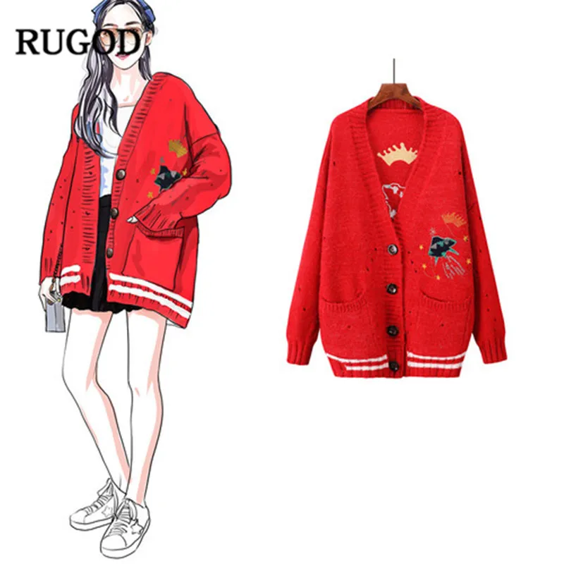Женский вязаный кардиган RUGOD Однотонный свитер с длинными рукавами и мультяшным