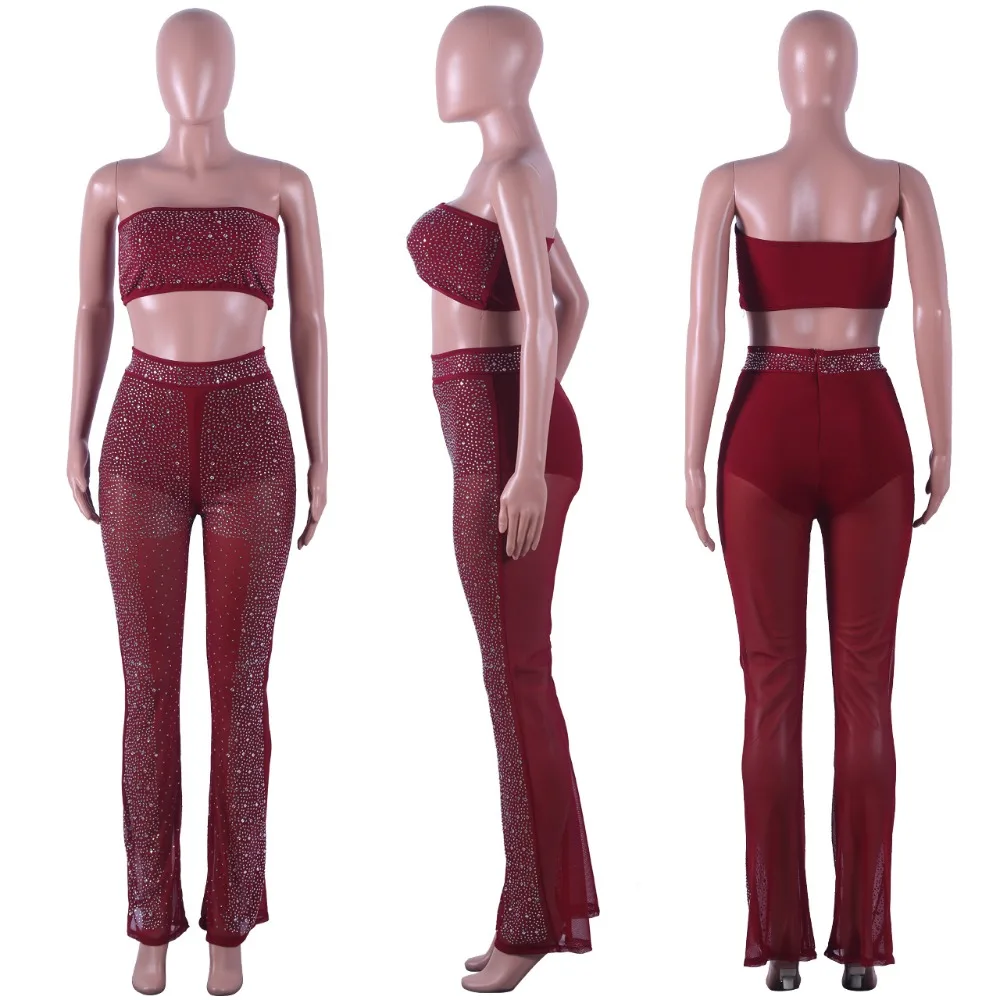 Комплект из 2 предметов со стразами Сексапильный сетчатый женский топ + штаны