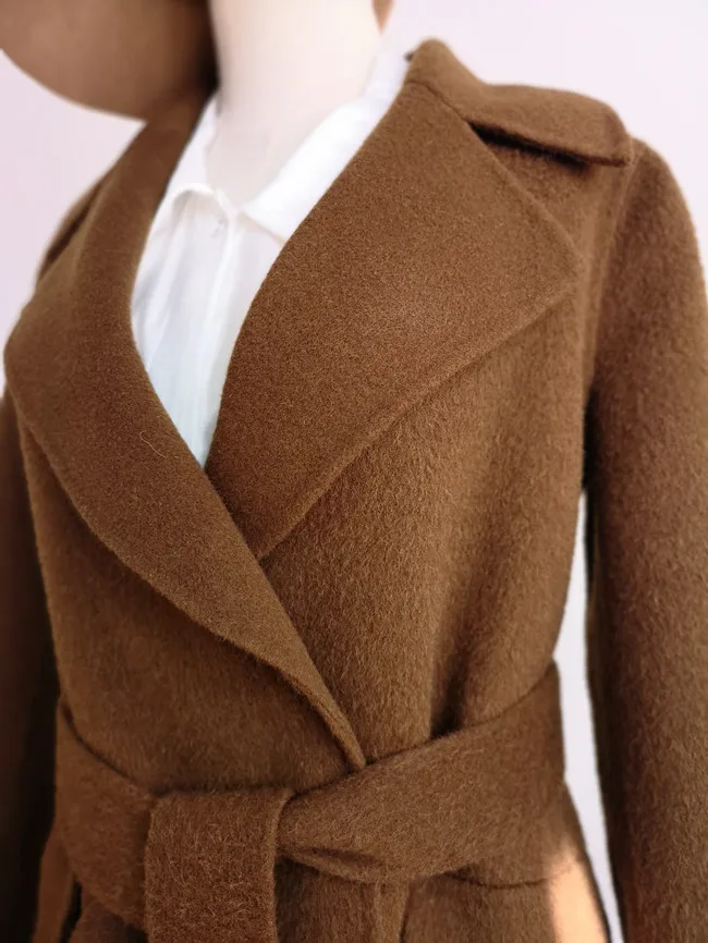 

Women Wool Coat 2018 New Fashion High Quality Designer Women's Classic Long Handmade Alpaca Outerwear Notched Collar Woolen Coat
