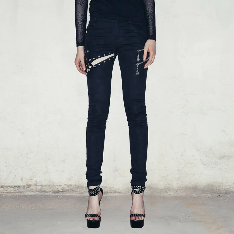 

Женские хлопковые брюки Devil Fashion в стиле панк, черные сексуальные длинные брюки в стиле стимпанк с вырезами, модные повседневные брюки