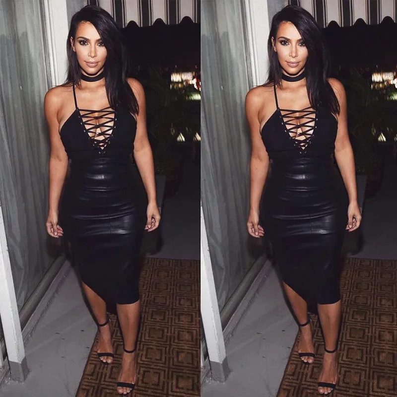 Черной Повязкой Dress PU Искусственного Меха Спагетти Ремень Bodycon Сексуальная