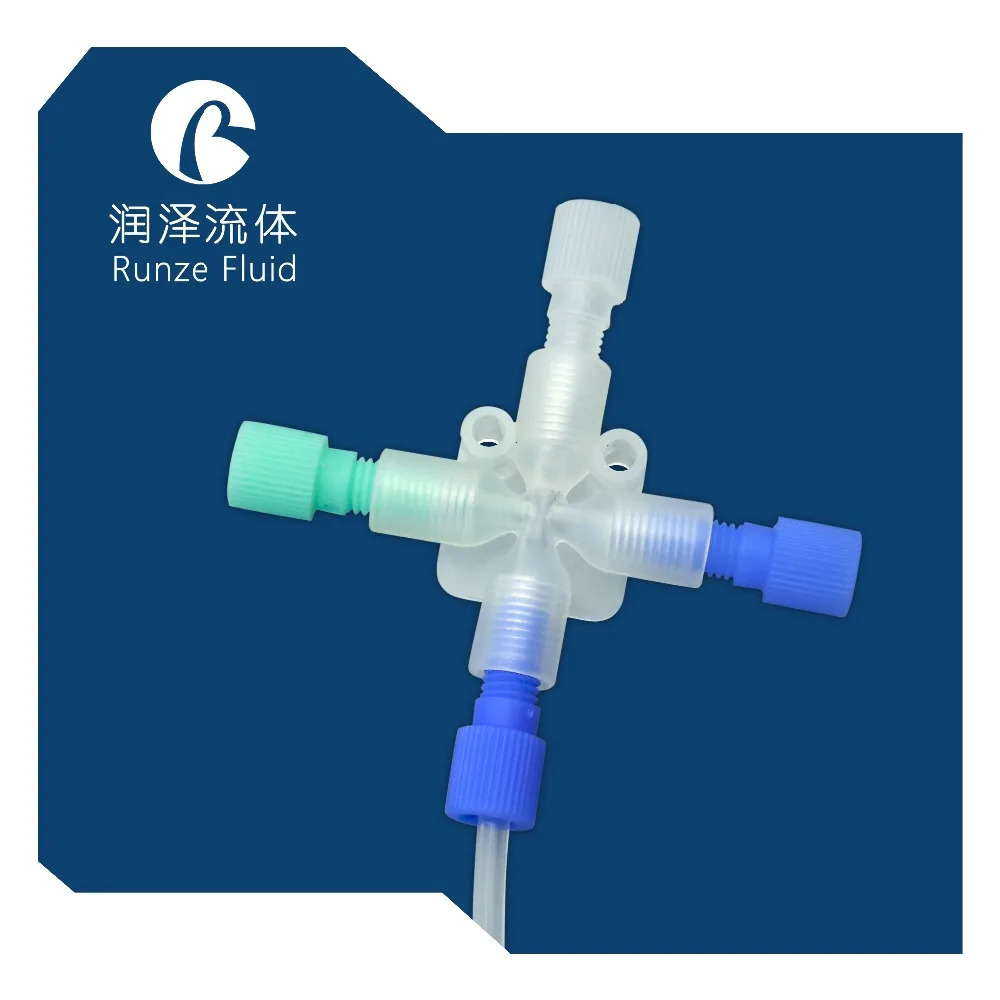 PP PTFE женский 1/4-28UNF 4-полосный перекрестный соединитель трубопровода Chemicasl