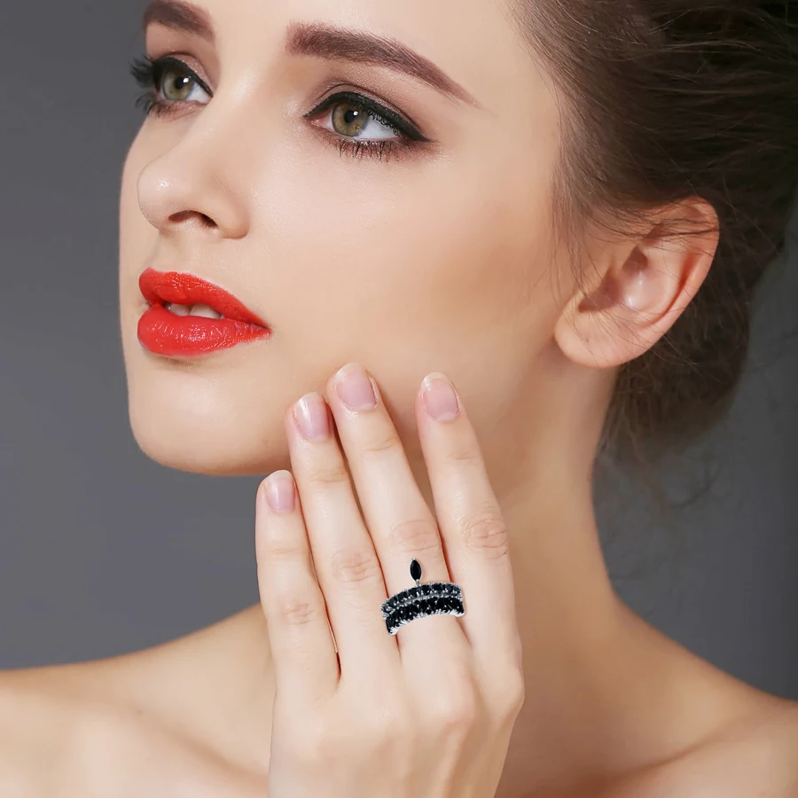 

[BLACK AWN] Cute 925 Sterling Silver Jewelry Black Spinel Elegant Crown Rings for Women Finger Ring G060