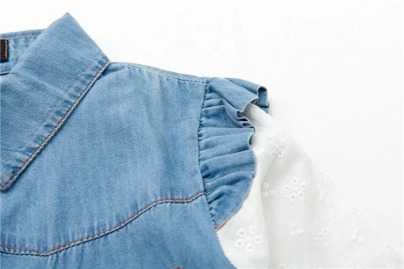 Рубашки для девочек новинка 2017 осенняя блузка маленьких джинсовые кружевные