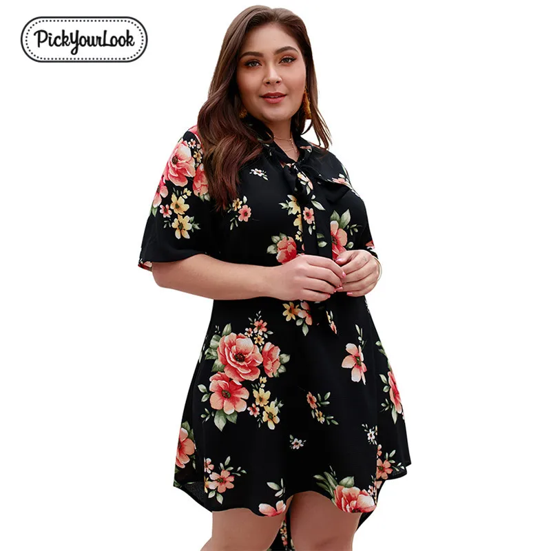Черный Pickyourlook, винтажное женское платье размера плюс, летнее, с цветочным принтом, женское мини-платье, короткий рукав, Ретро стиль, богемное, для девушек, Vestidos - Цвет: Черный