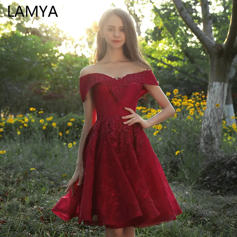 LAMYA сексуальное кружевное платье до колена с v-образным вырезом, платье для выпускного вечера, элегантное вечернее платье трапециевидной формы с аппликацией, Недорогое Платье vestido de noiva