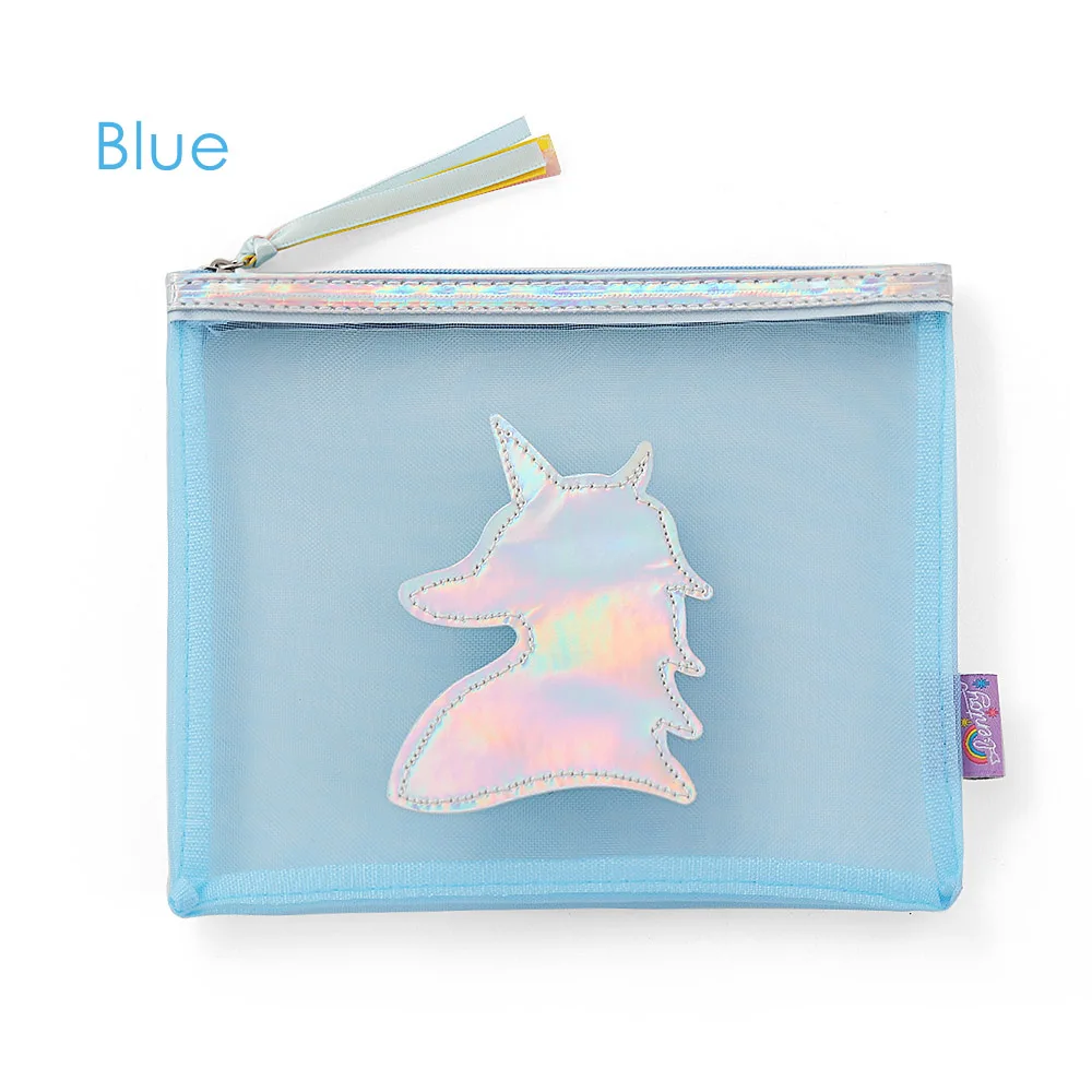 Blue 1 шт. Женская модная косметичка с принтом единорога, сетчатая косметичка для девушек, сумочка на молнии, косметический чехол для путешествий, аксессуары для макияжа, сумка - Цвет: Blue
