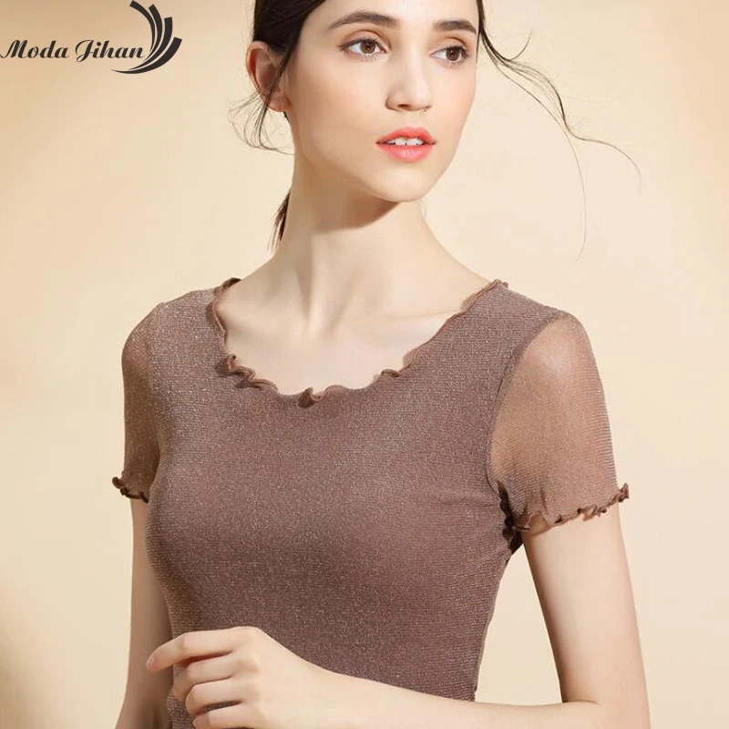 Moda Jihan женская рубашка с блестками блестящая сетка короткий рукав отделка по