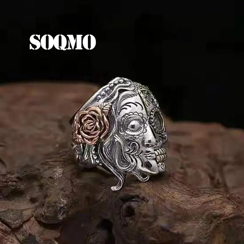 SOQMO панк Будда кольцо Настоящее 925 пробы серебро два лица Дьявол череп винтажные кольца дружбы Бесконечность для женщин и мужчин ювелирные изделия