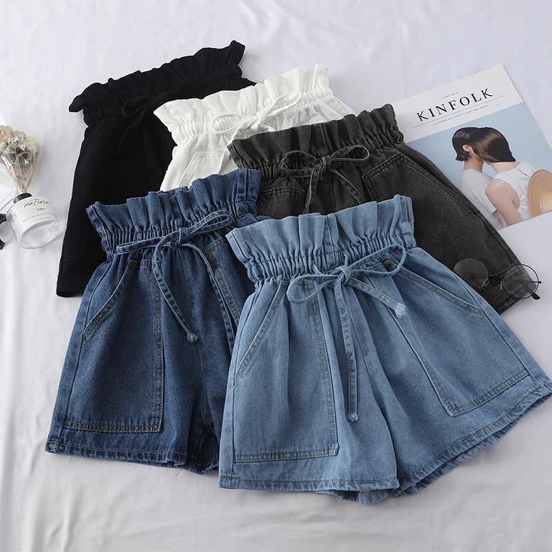 

Fashion Bud Strap high waist denim shorts Women summer 2019 new Casual Loose Lace Up Wide-leg Shorts Slim Bow Sashes Jeans Mw699