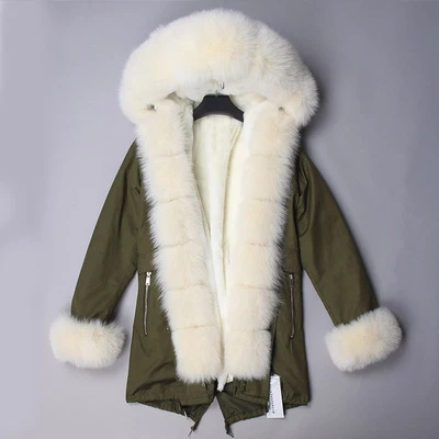 green coat beige fur OFTBUY пальто с натуральным мехом, зимняя куртка, Женское пальто, Воротник из натурального Лисьего меха, свободная длинная парка, уличная одежда, новая корейская мода - Цвет: green coat beige fur
