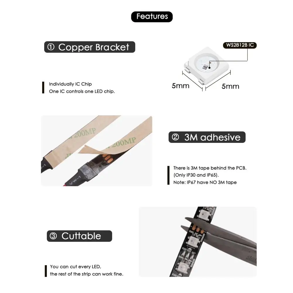 WS2812B DC 5 В Светодиодная лента RGB 50 см 1 м 2 м 3 м 4 м 5 м 30/144 светодиодный s умный адресуемый пиксель чёрно-белые печатные платы WS2812 IC 17Key Bar