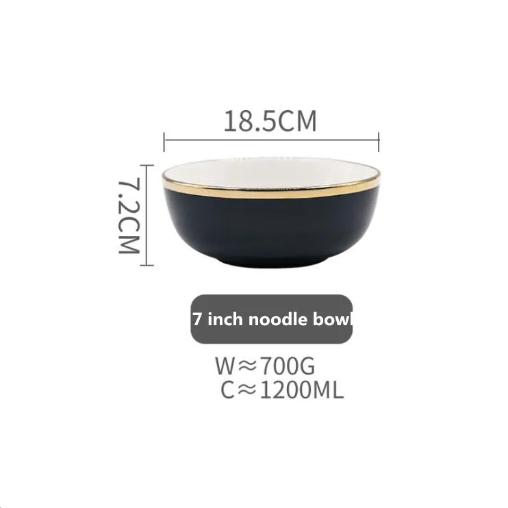 18.5cm noodle bowl Синяя Керамическая обеденная тарелка с золотым краем, кухонная тарелка, набор посуды, роскошный Западный поднос, ГОВЯЖЬЯ десертная тарелка, блюдо для торта, ложка, миска, 1 шт - Цвет: 18.5cm noodle bowl