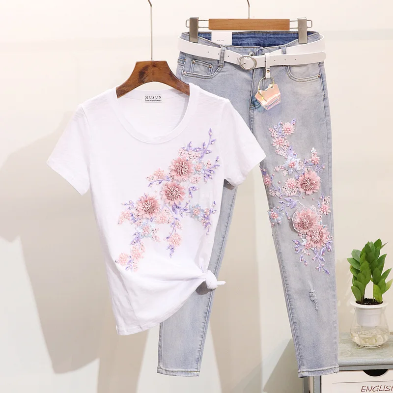 

Amolapha Women 3D Flowers Embroidery Beaded Tshirt Jeans Pant Set Lady Girls Casual Loose Tshirt Denim Pant Clothes Suit