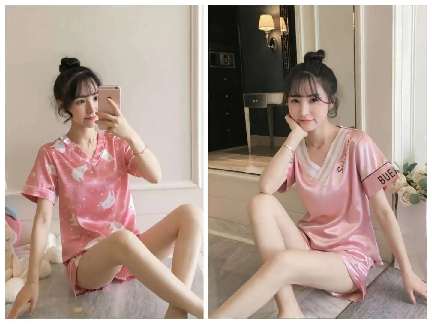 Pajama girls summer ice silk short sleeves two pieces of suit Korean fresh sweet lovely students thin silk home clothes