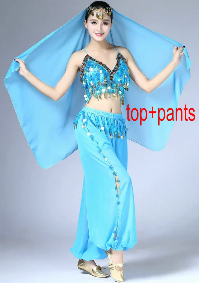 Top Pants Костюм для танца живота с блестками для девочек топ бюстгальтер на бретельках с завязкой вуаль Женская Клубная одежда костюм комплект фестиваль Болливуд Восточный танец наряд - Цвет: Top Pants