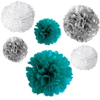 24x new mix sizes boy teal blue white silver tissue paper flowers bunting pom poms wedding party wall hanging decorative