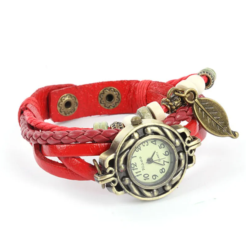 * Relojes милые женские цифровые Тканые часы с листьями кожаный браслет кварцевые
