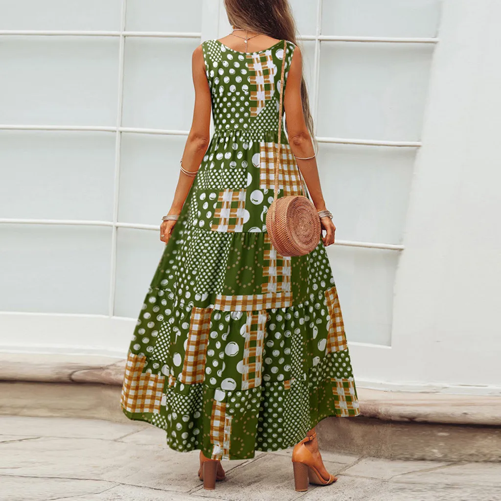 Женское платье макси без рукавов с круглым вырезом|Женские платья| |