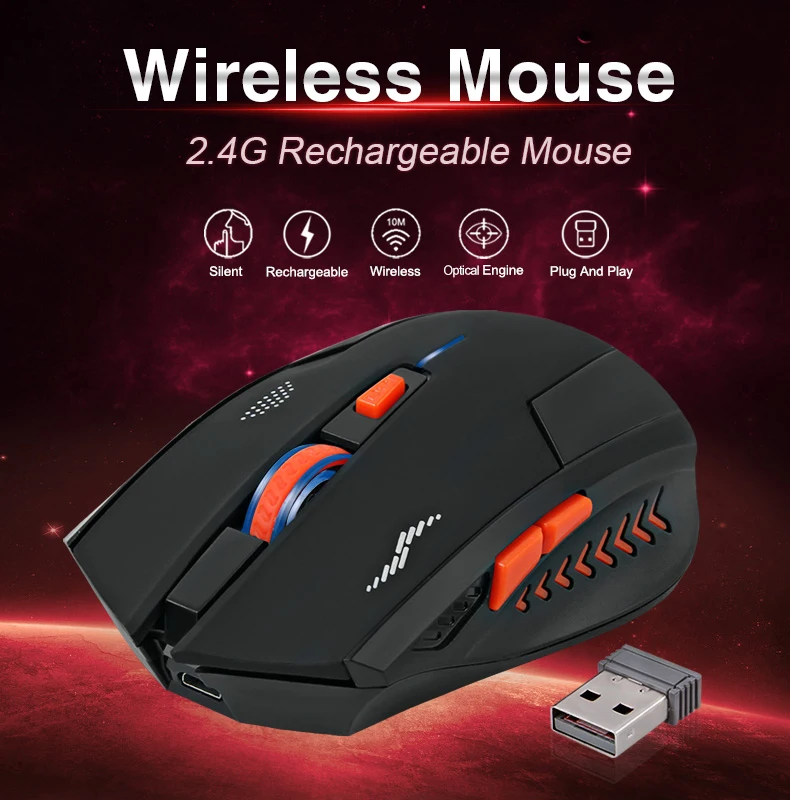 Перезаряжаемая беспроводная мышь 2400 dpi 2,4G USB Лазерная игровая мышь Бесшумная Встроенная литиевая батарея для ноутбука Компьютерная геймерская мышь