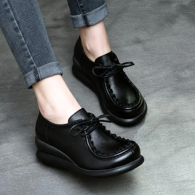 Женские кожаные туфли-лодочки туфли на танкетке черные повседневные туфли на высоком каблуке 6 см со шнуровкой женские туфли-лодочки из натуральной кожи г. обувь ручной работы - Цвет: Черный