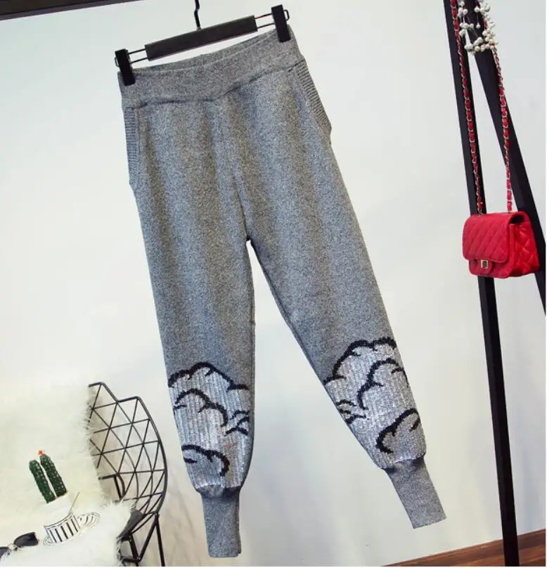 spring autumn new women sequins beading letters long-sleeved loose sweater casual+ pants two pieces sets